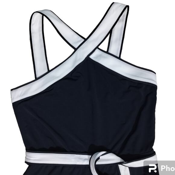 Ann Taylor Navy Blue White Belted Sleeveless Straight Leg Casual Jumpsuit Size 8 - Picture 4 of 14